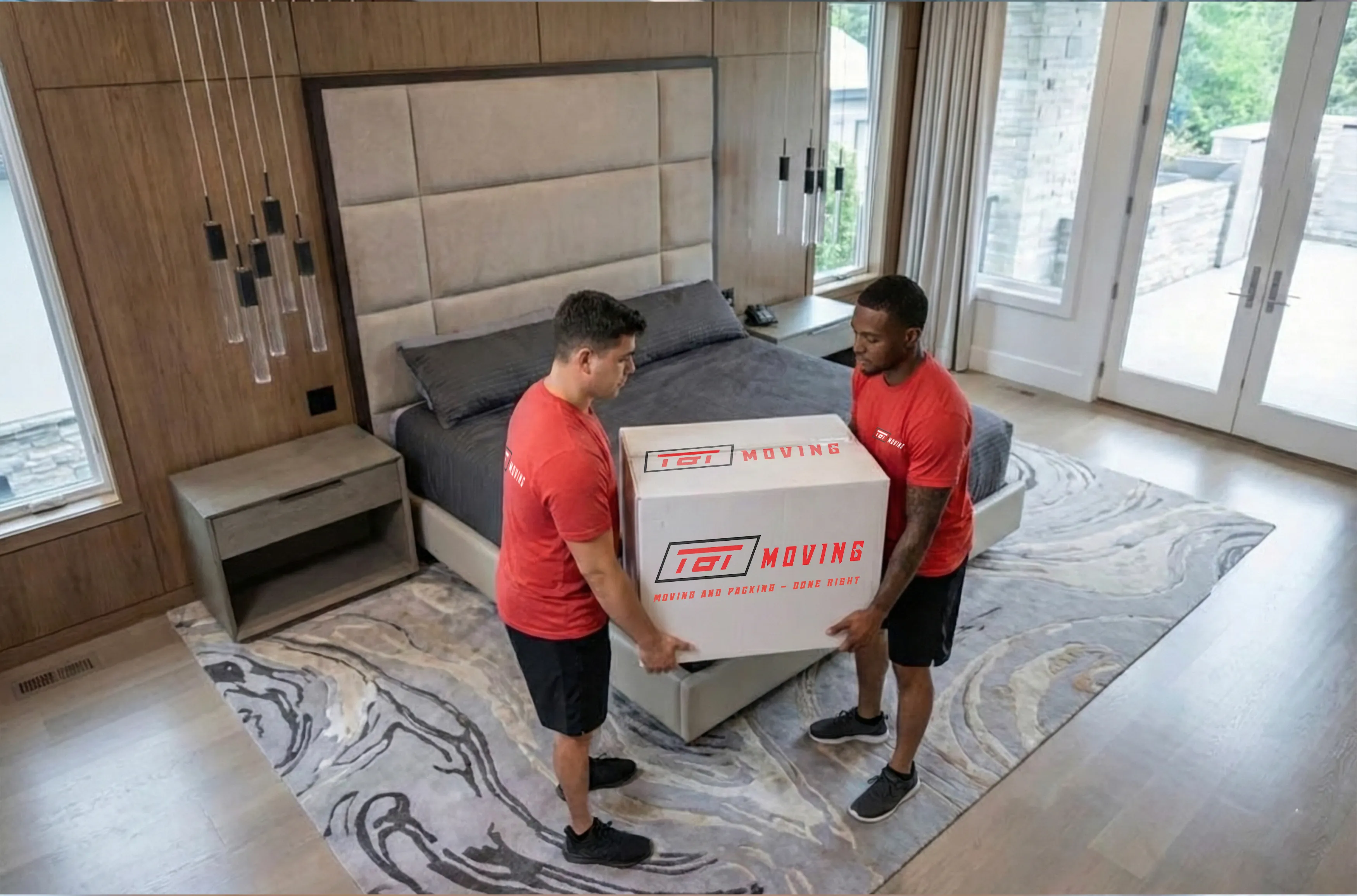 Two movers carrying a moving box through a bedroom