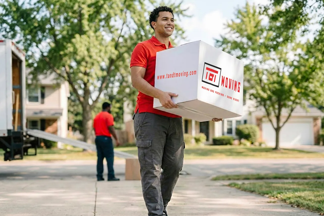 A mover carrying a labeled moving box up a driveway